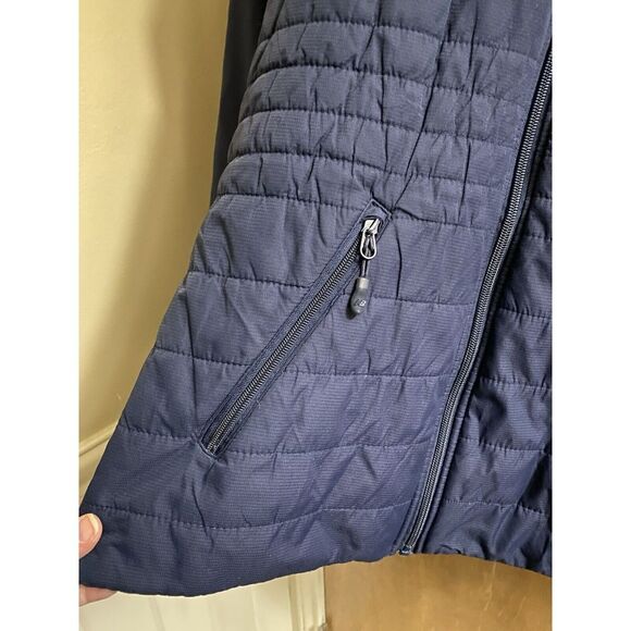 New Balance Quilted Fleece Running Jacket Navy Hooded Zip Side Pockets Sz Small - Picture 3 of 16